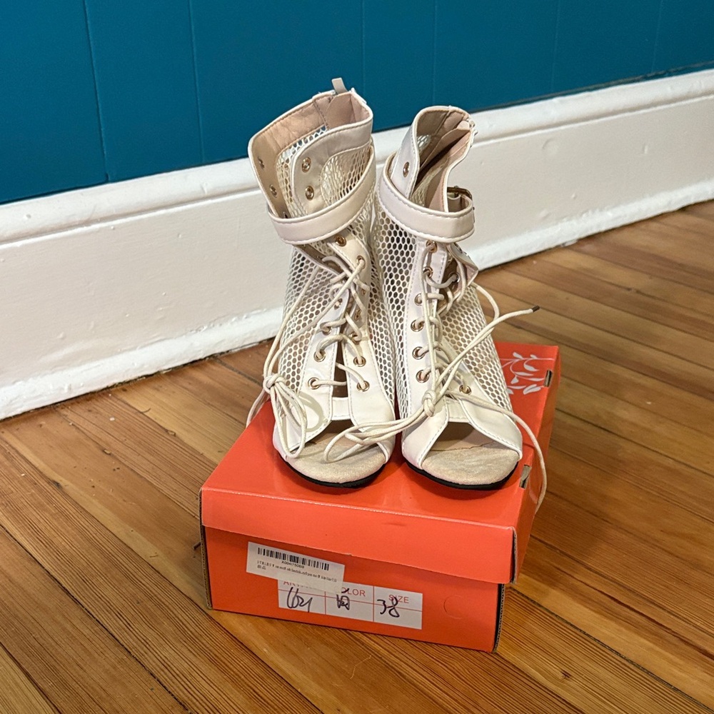 Off White Mesh Peep Toe Buckle Dance Heels